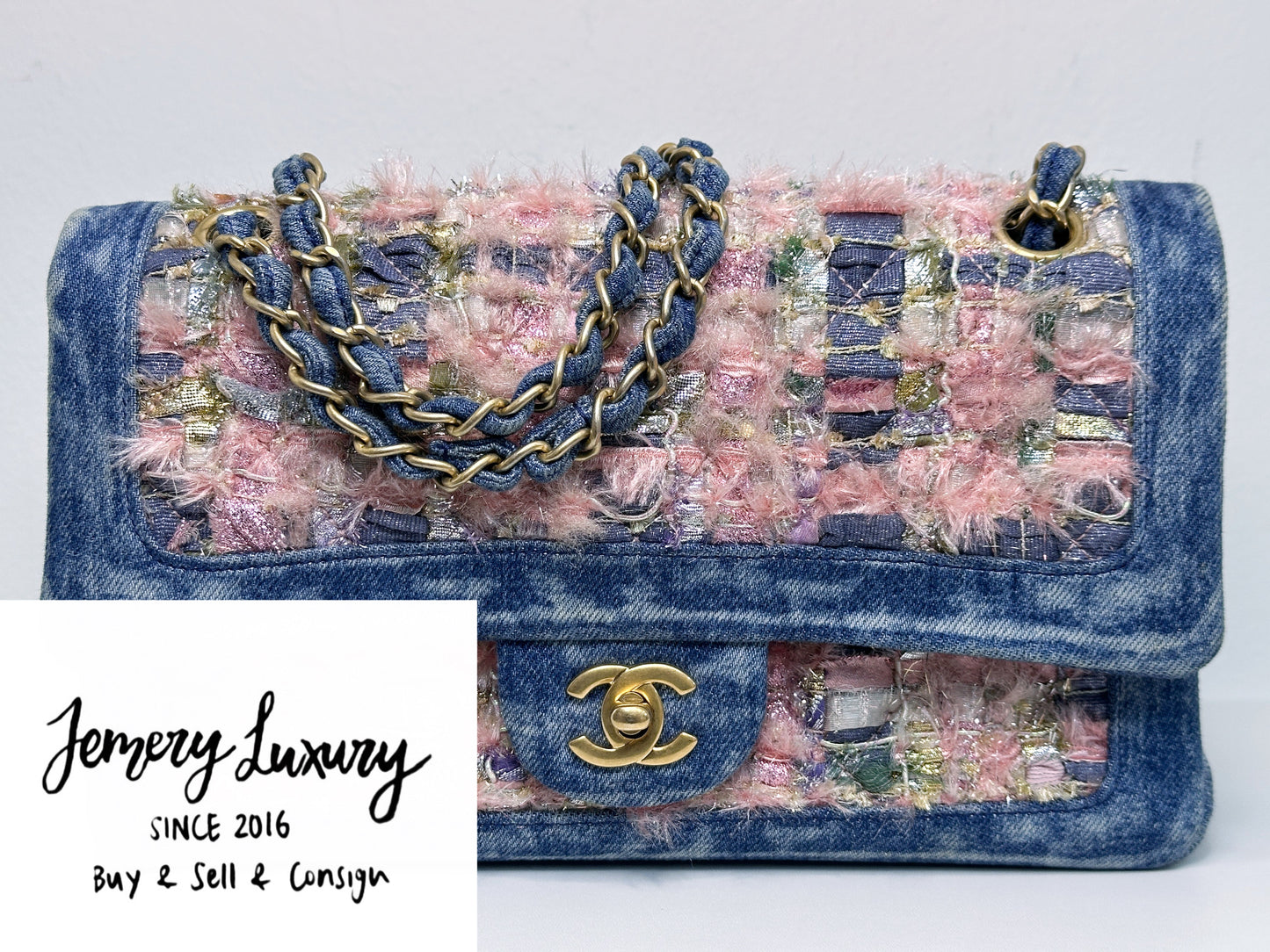 Chanel Pink, Silver, and Gold Tweed and Denim Medium Classic Double Flap Gold Hardware, 2016