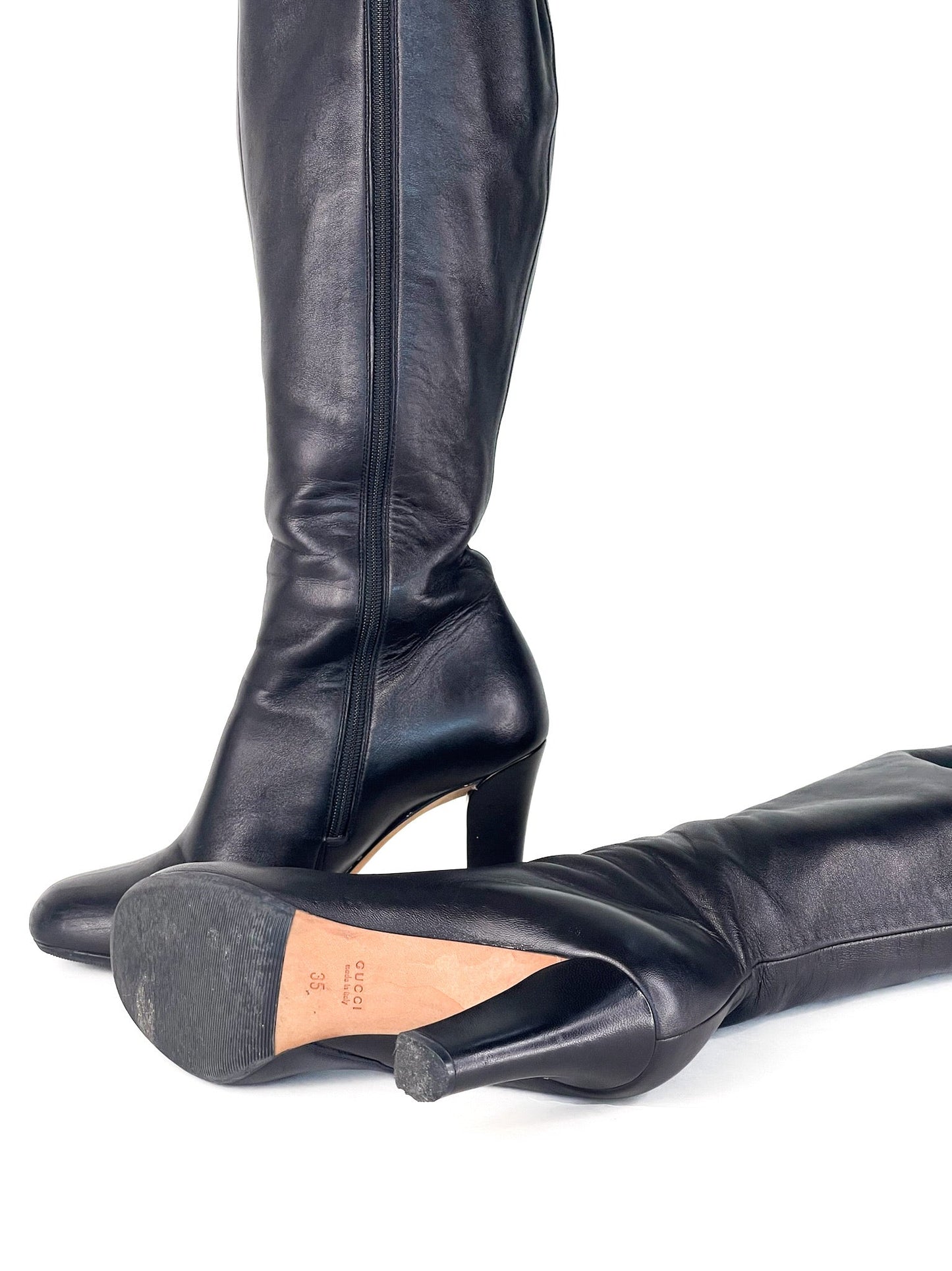 Gucci Black Leather Interlocking G Knee Length Boots Size 35