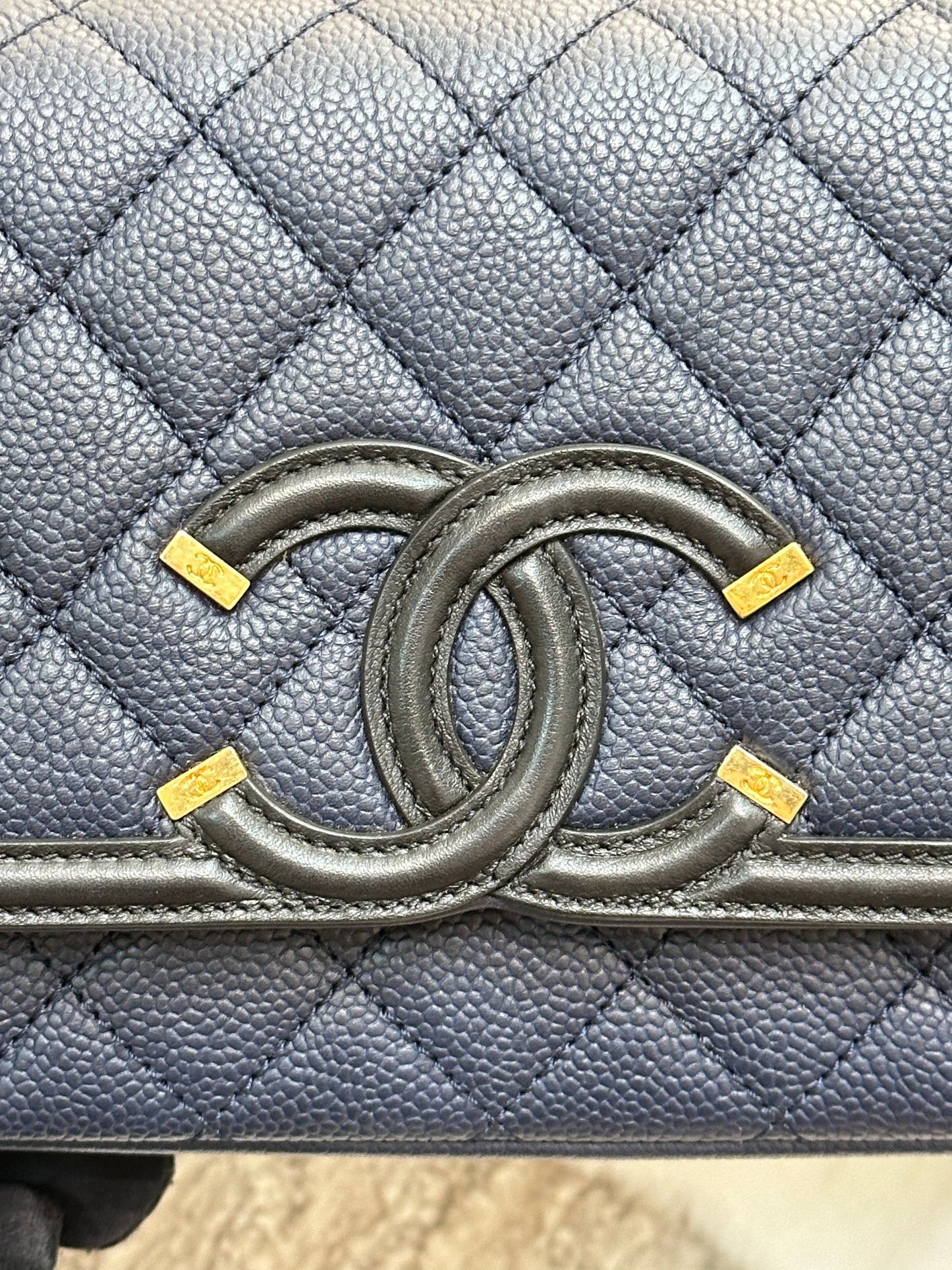 Chanel Caviar Quilted Small CC Filigree Flap Navy Black