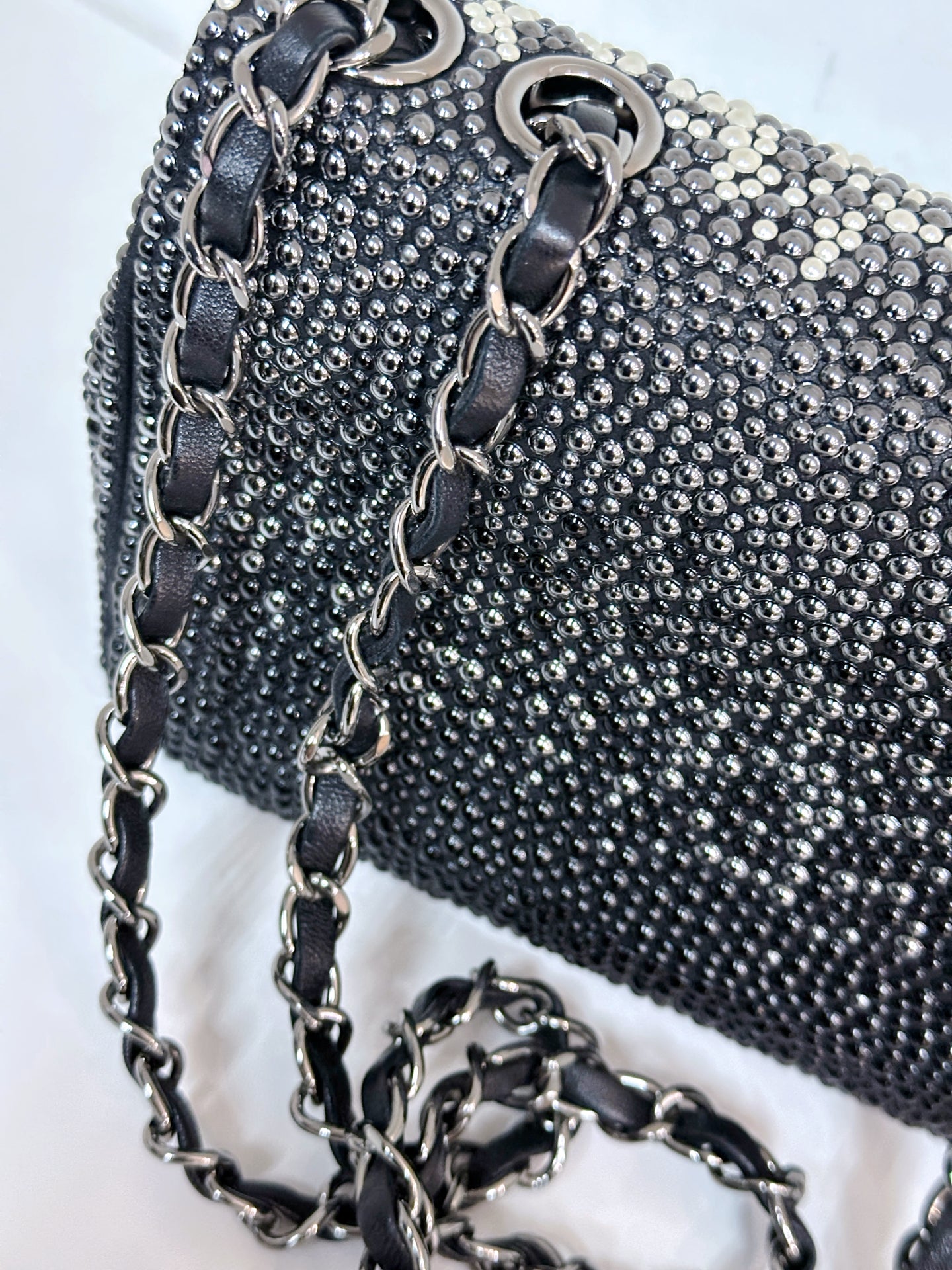 White, Grey and Black Imitation Pearls and Beads and Calfskin Embellished CC MiniClassic Single Flap Ruthenium Hardware, 2014