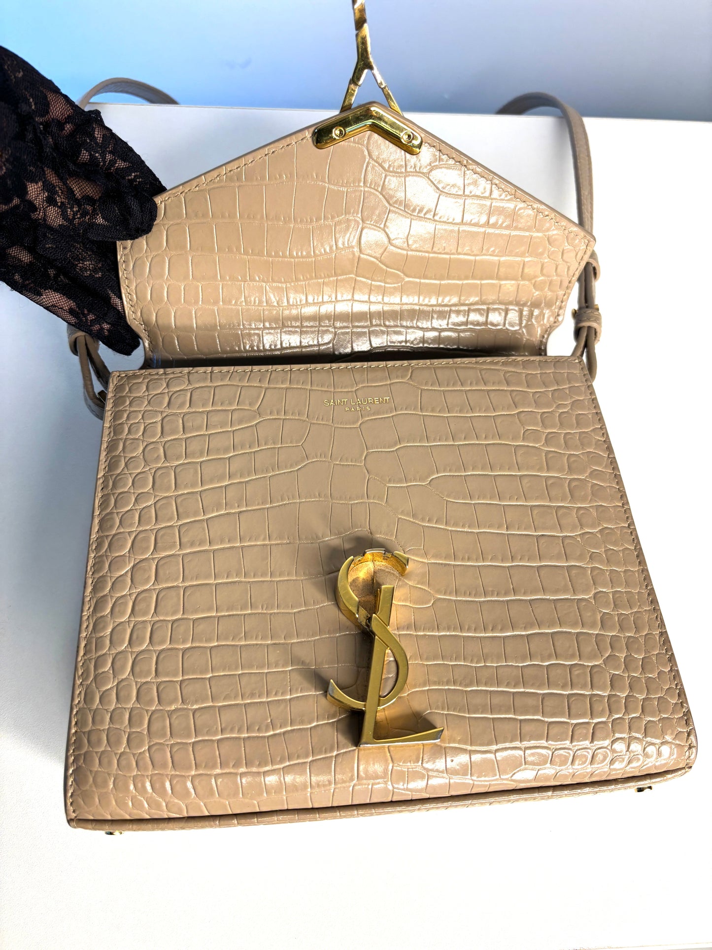 Saint Laurent YSL Crocodile Embossed Mini Classic Monogram Cassandra Nude Top Handle Bag