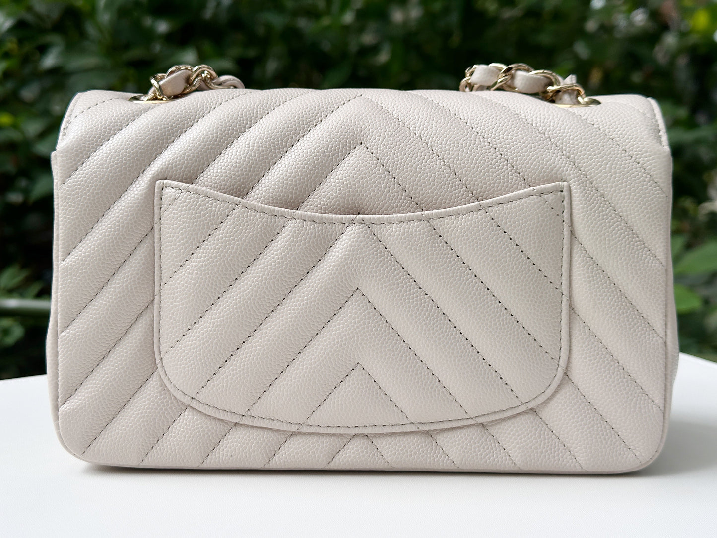 Chanel Mini Rectangle Chevron Blush Hue Light Beige Flap Bag LGHW 2644 holo card