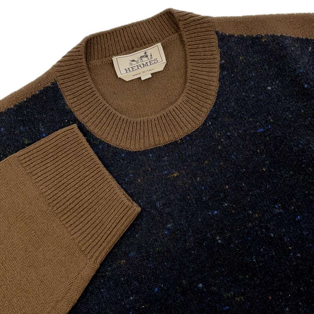 HERMES Knit sweater Size XL Navy/Camel Wool 100%