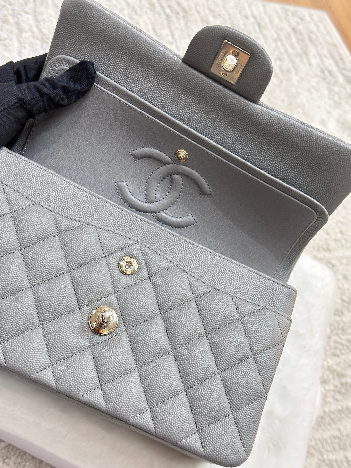 Chanel Small Caviar Quilted Double Flap Grey 21B Unused Condition