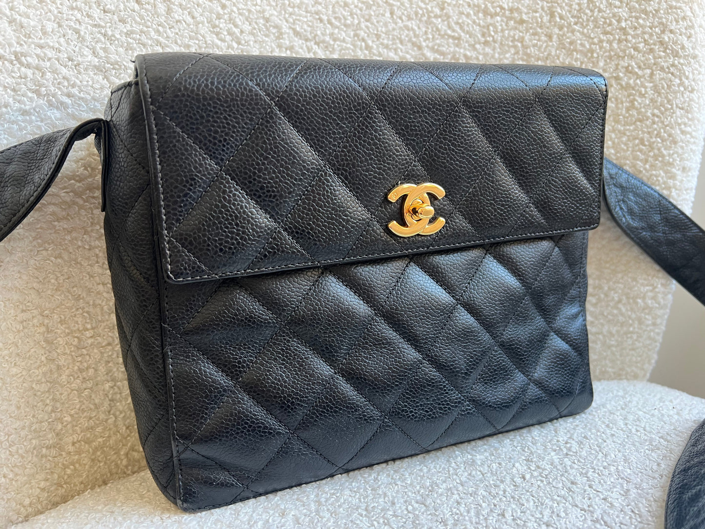 Chanel Vintage Black Caviar Square Messenger Bag