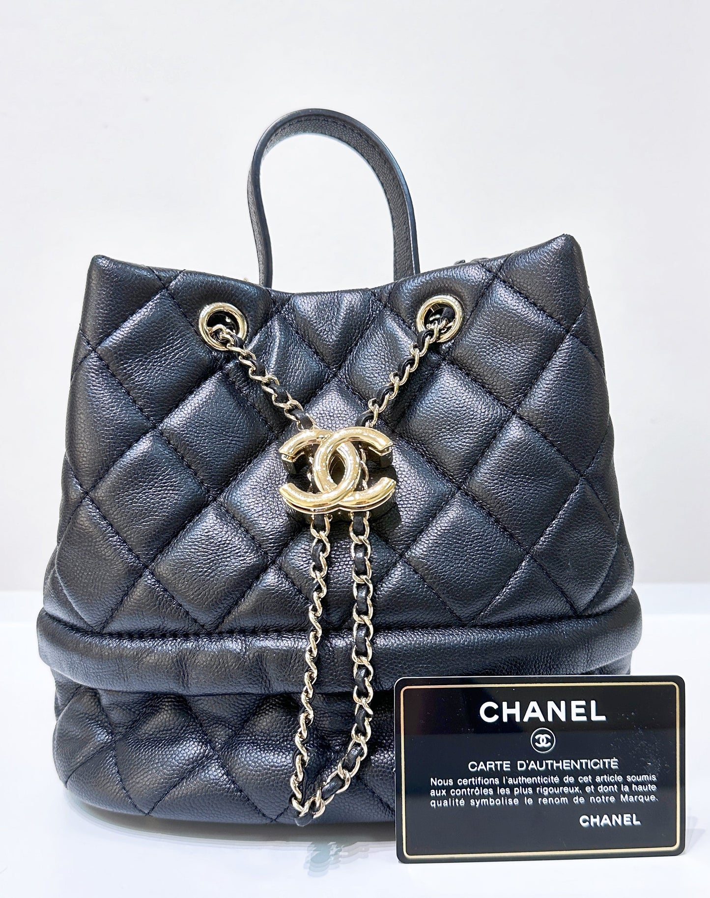 CHANEL Caviar Quilted Rolled Up Bucket Drawstring Bag Black