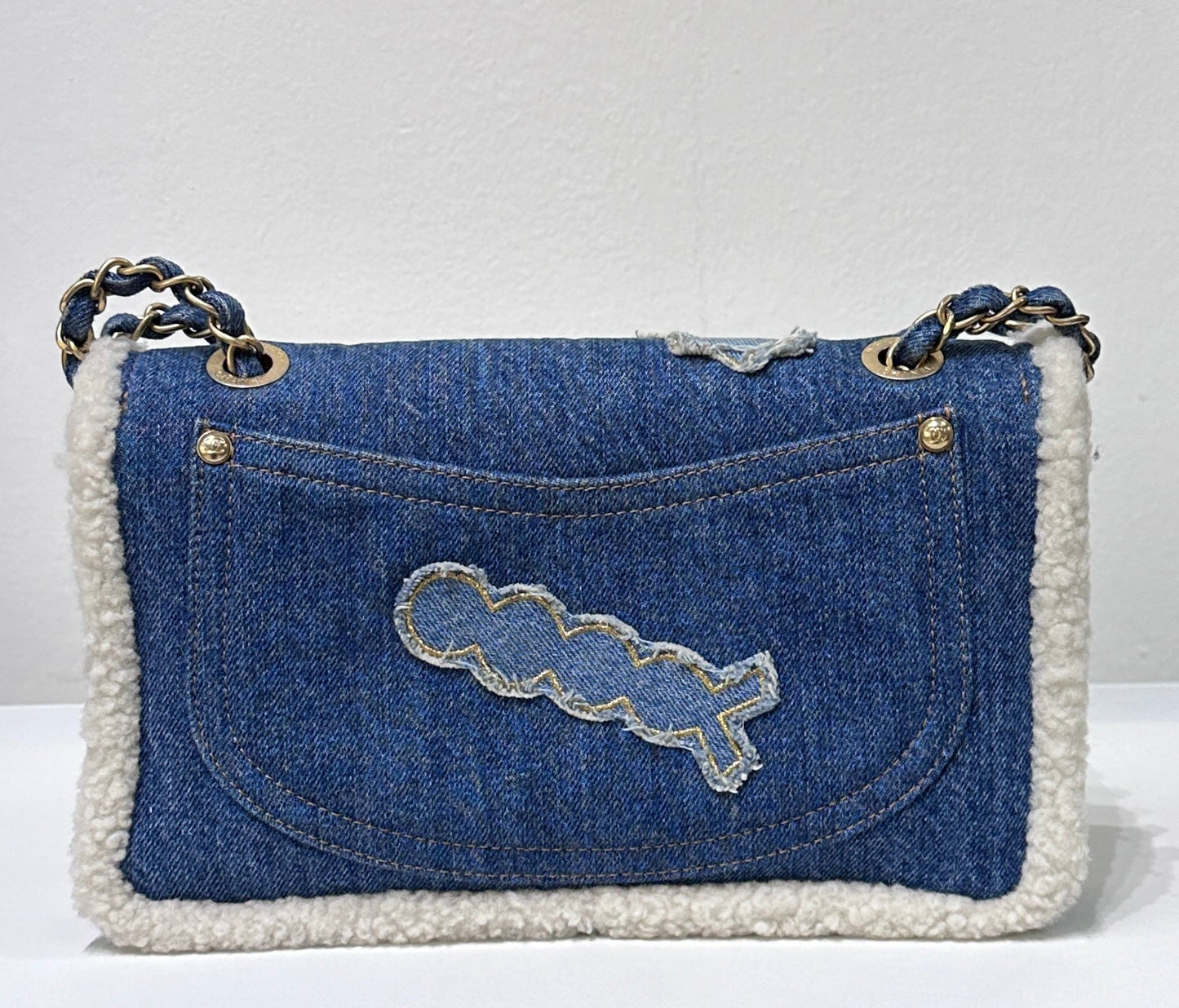 CHANEL Denim Shearling Hieroglyph Flap Blue