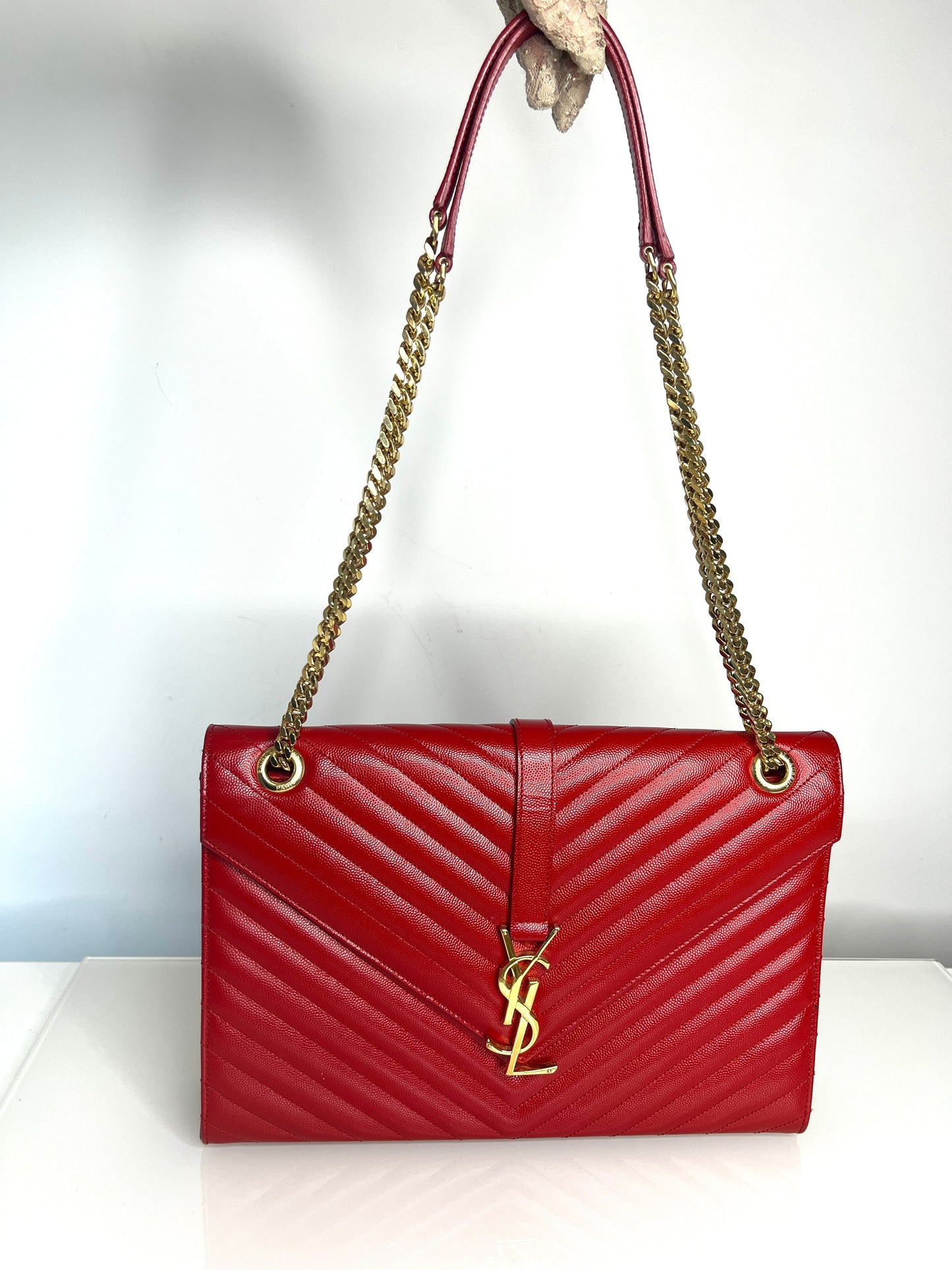 Saint Laurent YSL Pre-Loved Large Envelope Red Chevron Quilted Leather Shoulder Bag