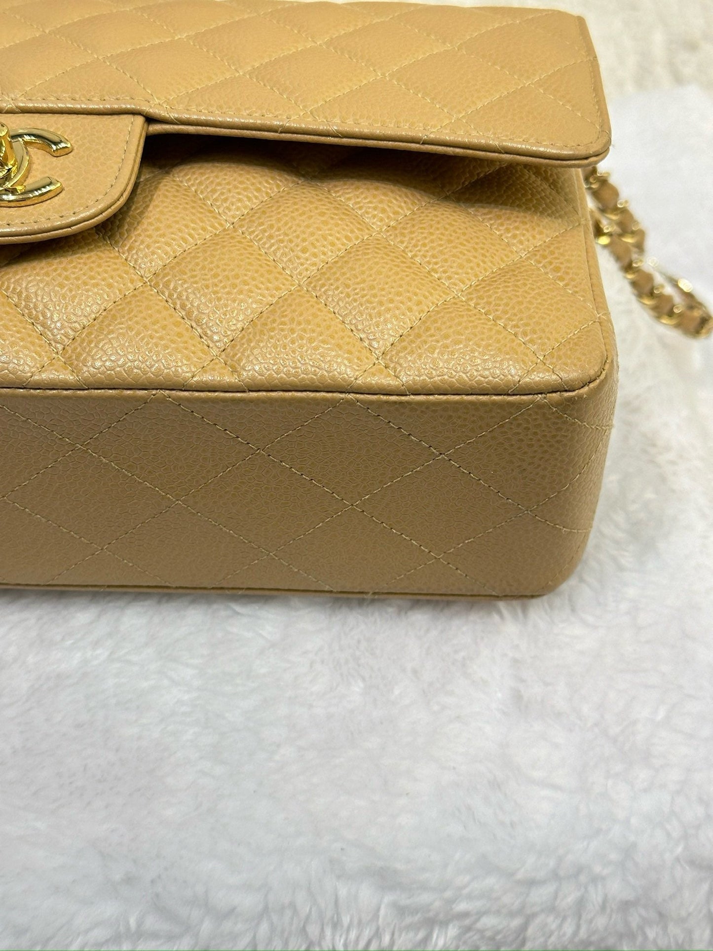 Chanel Medium Caviar Quilted Double Flap Beige Bag 866 Holo