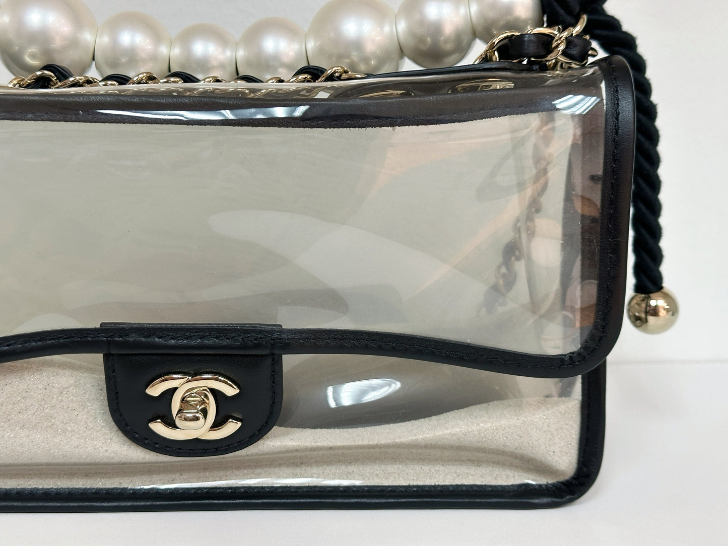 Chanel Medium Lambskin CoCo Sand PVC Sand By The Sea Flap With Pearl Strap Black 2745 holo card