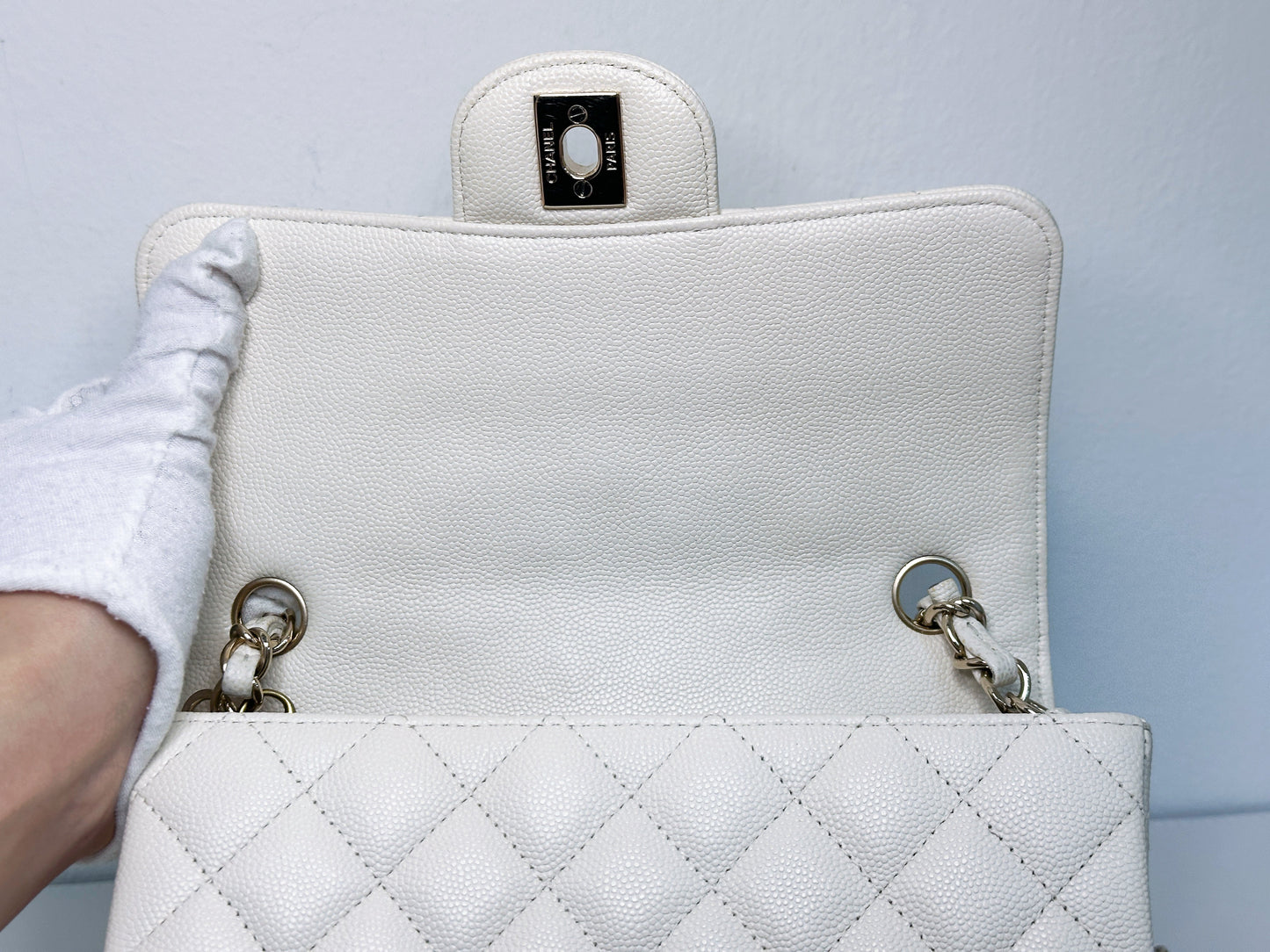 Chanel Mini Rectangular Caviar Classic White GHW 2382 holo card