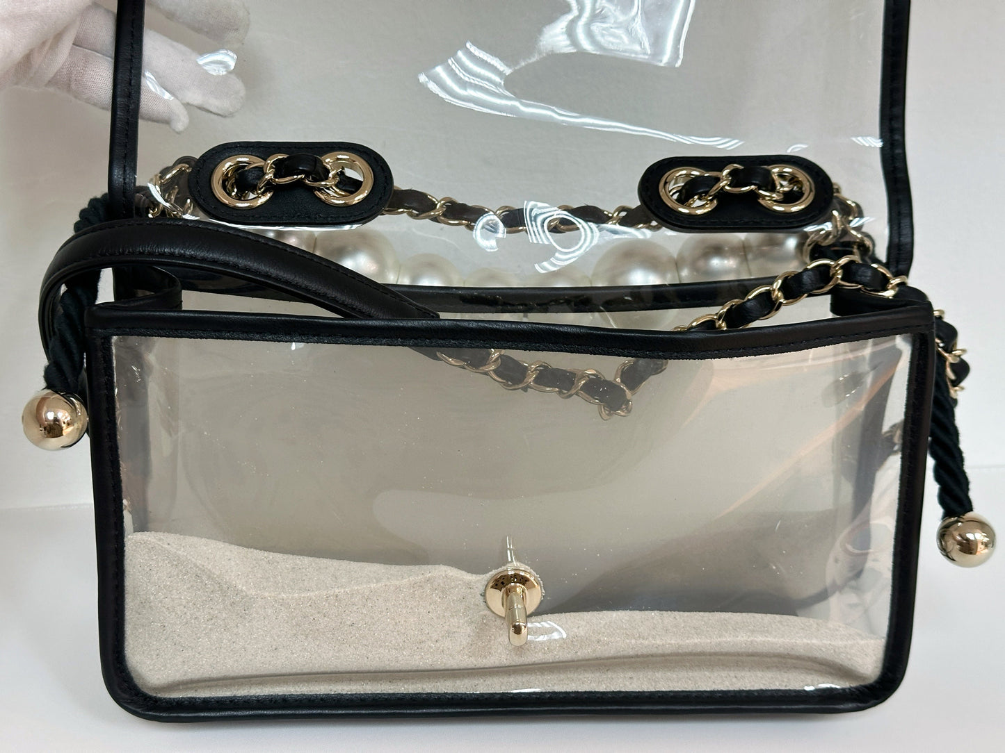 Chanel Medium Lambskin CoCo Sand PVC Sand By The Sea Flap With Pearl Strap Black 2745 holo card