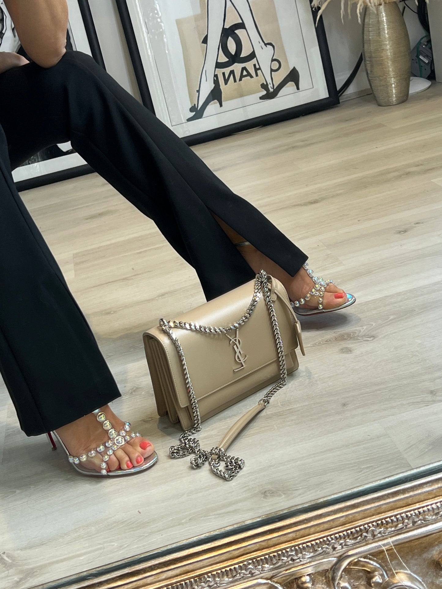 Saint Laurent YSL Sunset Medium Beige Chain Crossbody Shoulder Bag