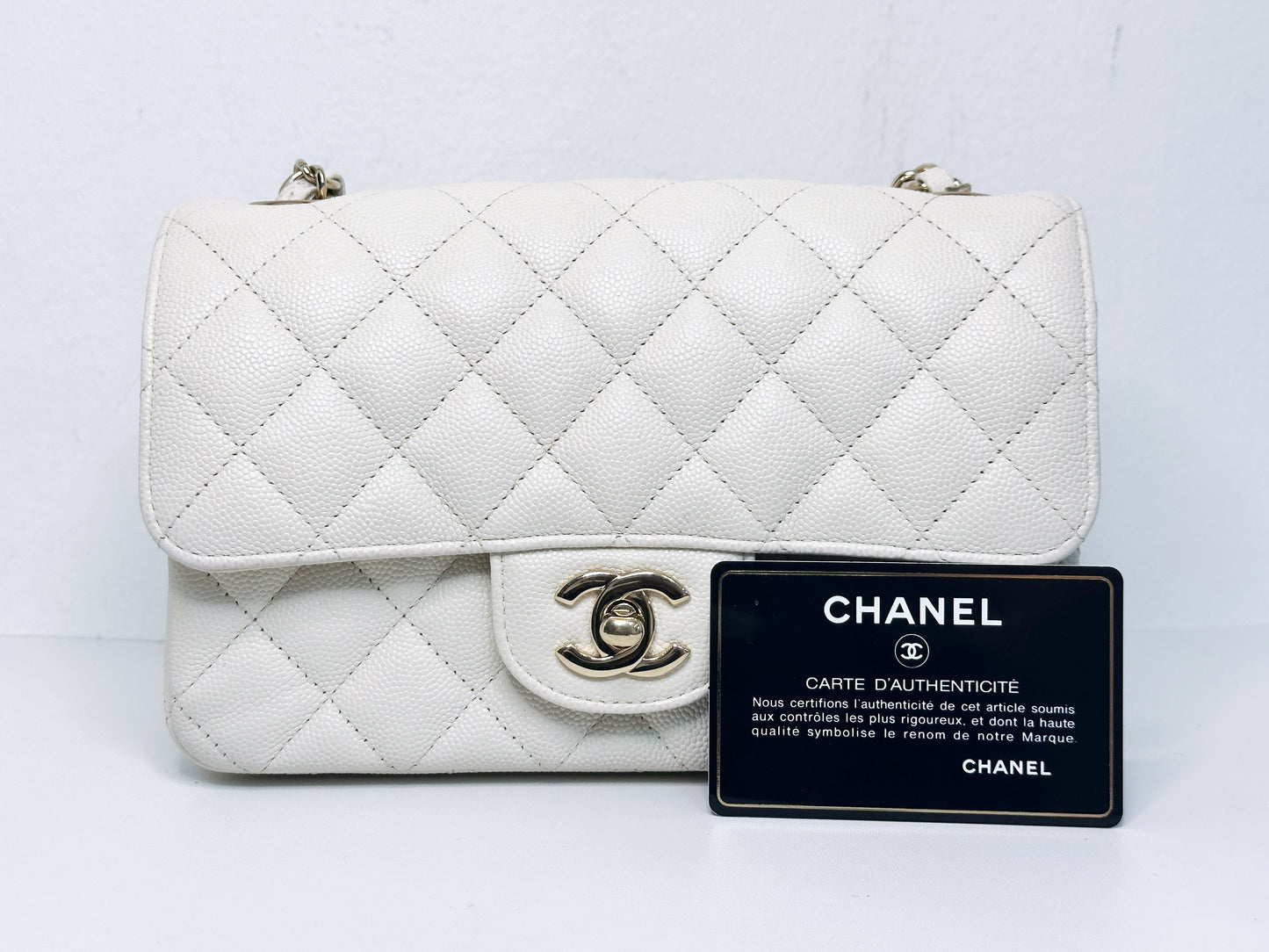 Chanel Mini Rectangular Caviar Classic White GHW 2382 holo card