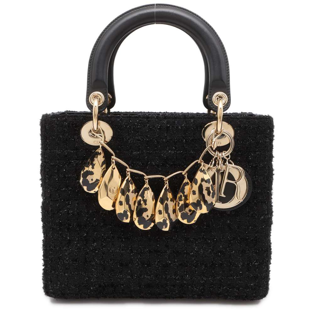 Dior Lady Dior Handbags Black Leather Tweed Size Medium
