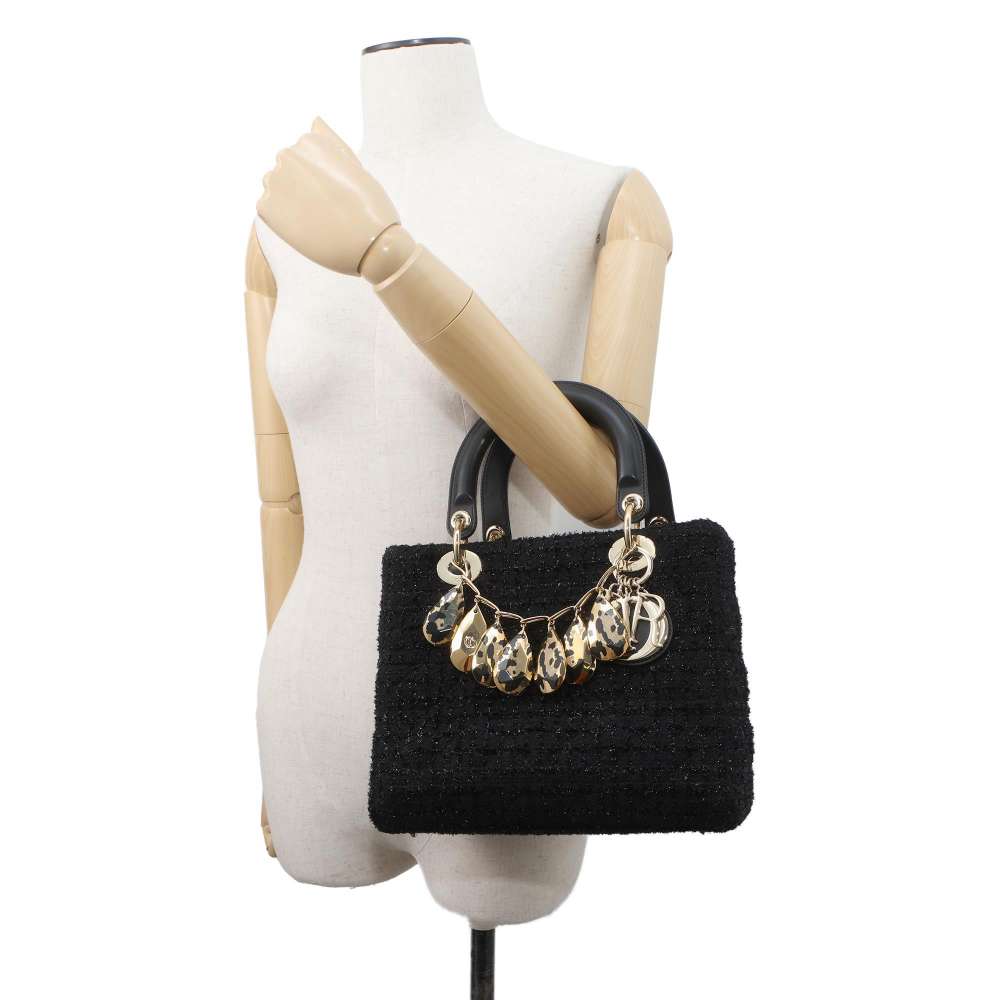Dior Lady Dior Handbags Black Leather Tweed Size Medium