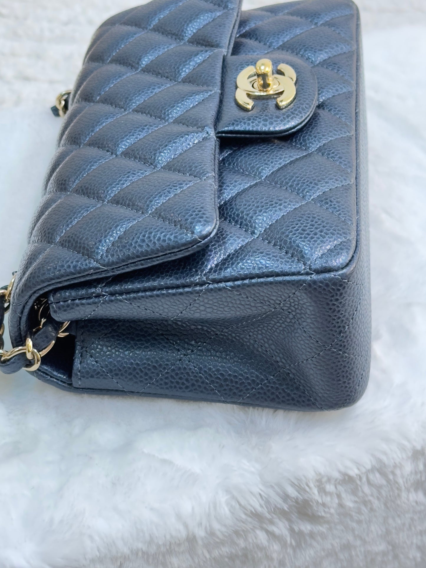CHANEL Pearly Caviar Quilted Mini Rectangular Flap Navy Blue 18S