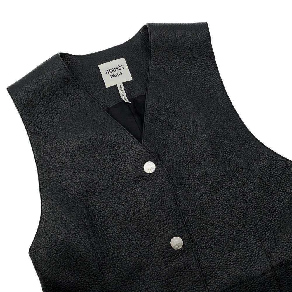 HERMES Long gilet Size 34 Black Deer Leather