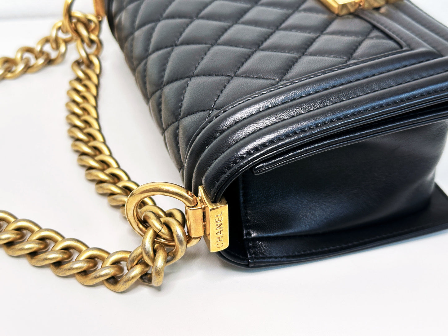 CHANEL SMALL BOY BAG CAVIAR BLACK GHW 2457 holo card