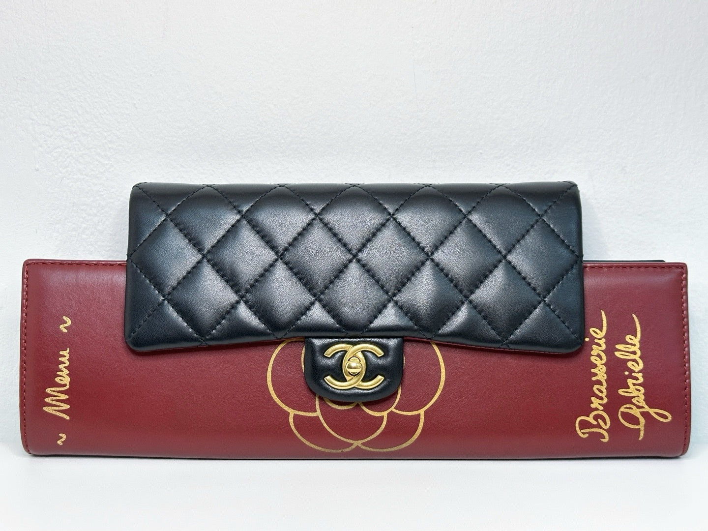 Chanel Pre-owned Classic Flap Gabrielle Brasserie Menu Clutch Burgundy and Black Lambskin Antique GHW 2163 holo card