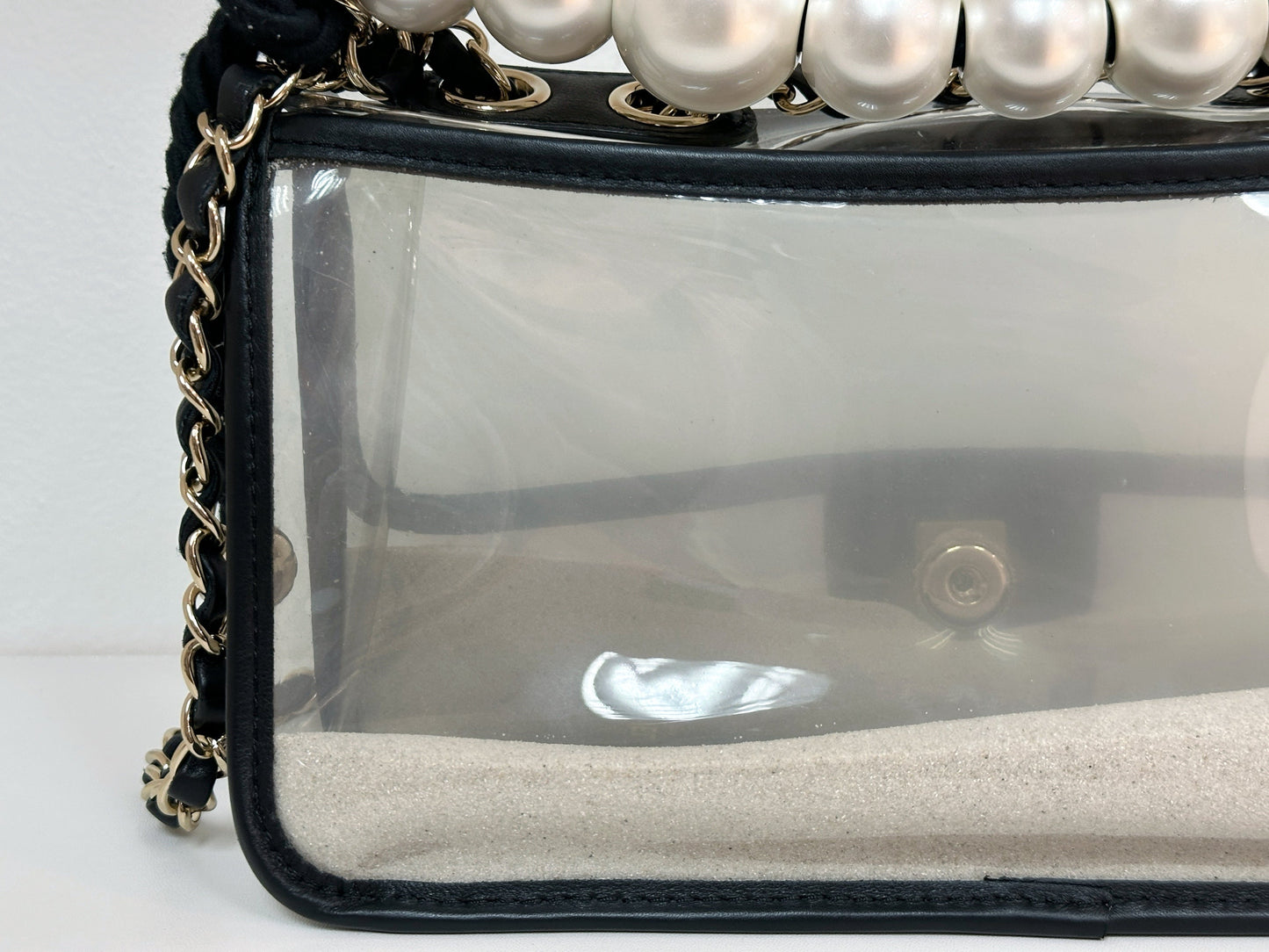 Chanel Medium Lambskin CoCo Sand PVC Sand By The Sea Flap With Pearl Strap Black 2745 holo card