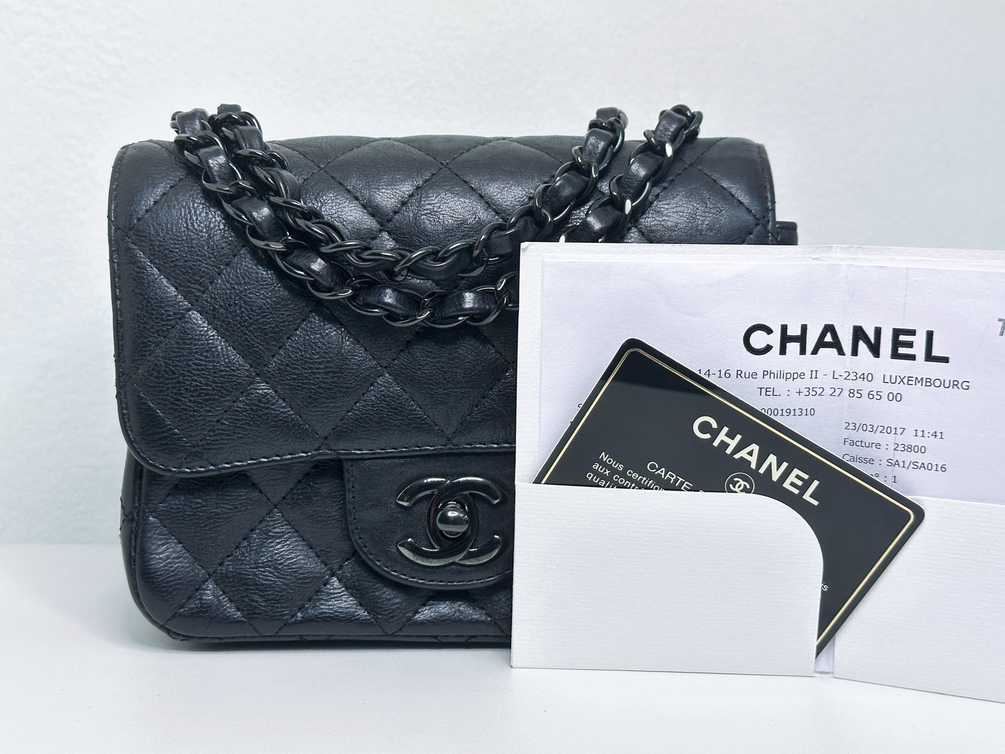 Chanel Quilted Mini Square Flap So Black Crumpled Calfskin 2417 holo card