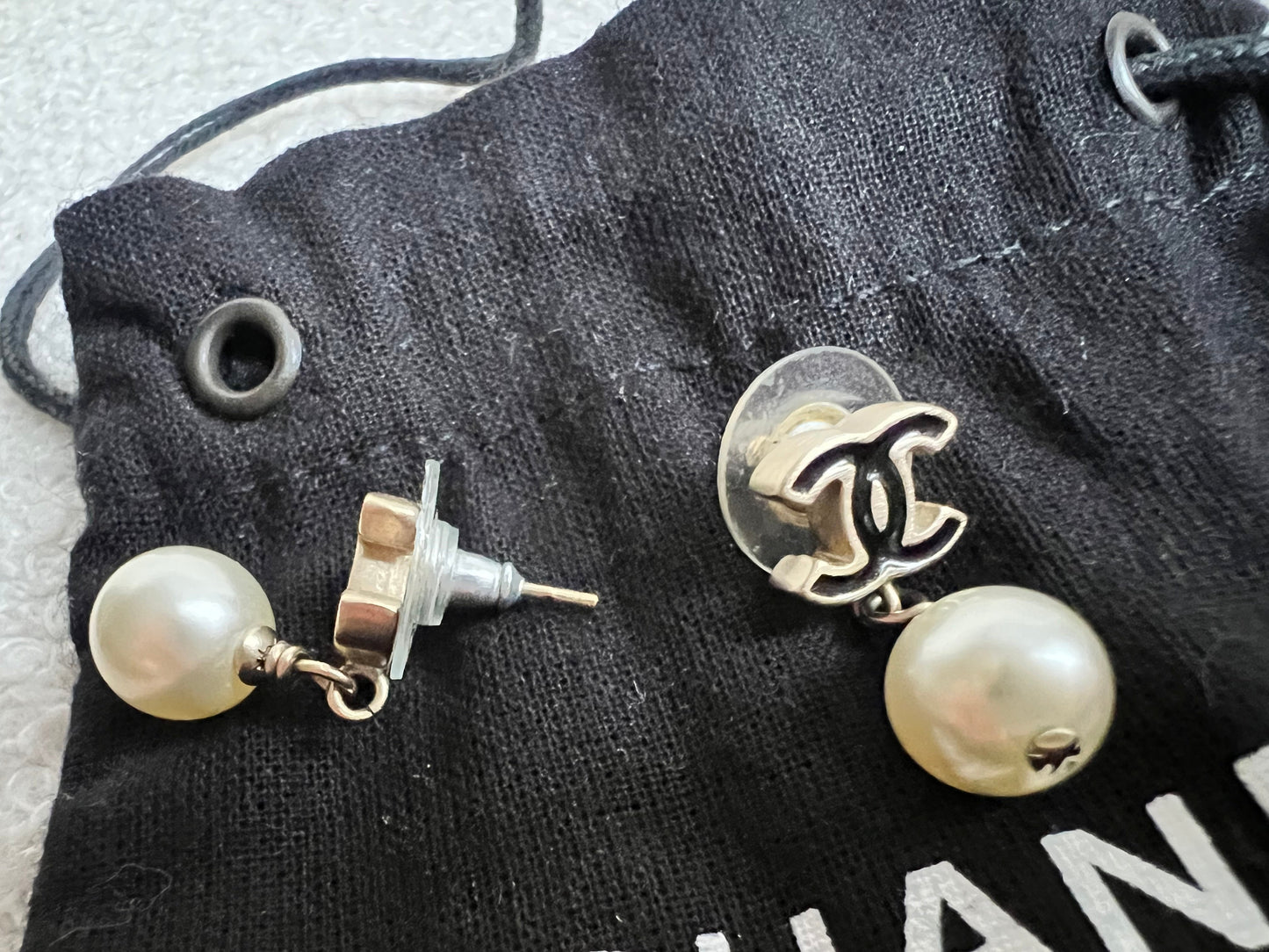 Chanel Black CC Pearl Drop Earrings