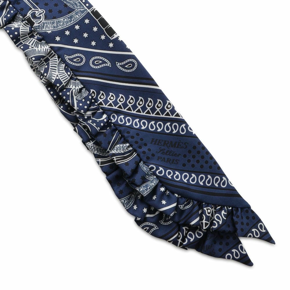 HERMES Twilly Frill Apron Doll Bandana Eperon d'Or Bandana Marine Fonce/Black/White Silk100%