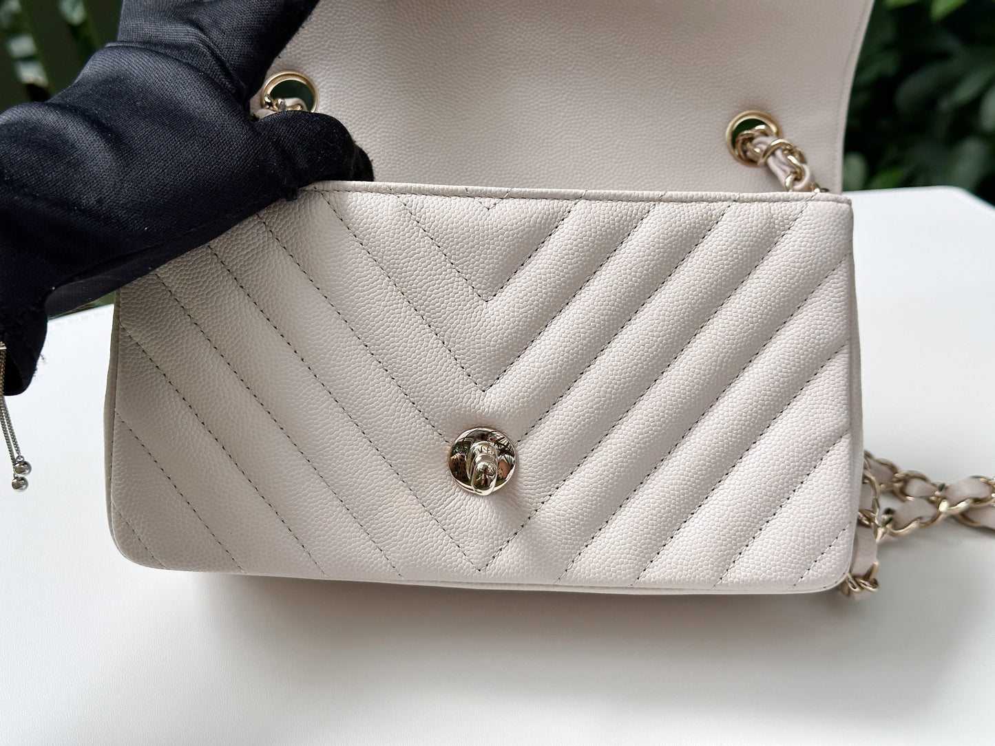Chanel Mini Rectangle Chevron Blush Hue Light Beige Flap Bag LGHW 2644 holo card