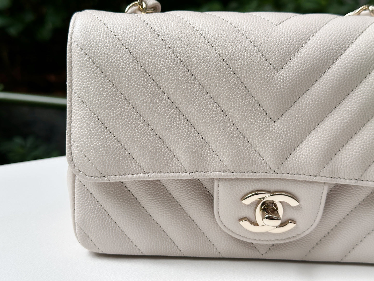 Chanel Mini Rectangle Chevron Blush Hue Light Beige Flap Bag LGHW 2644 holo card