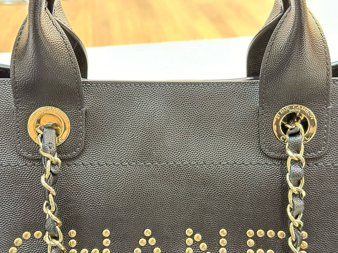 Chanel Small Deauville Caviar Tote Studded Black