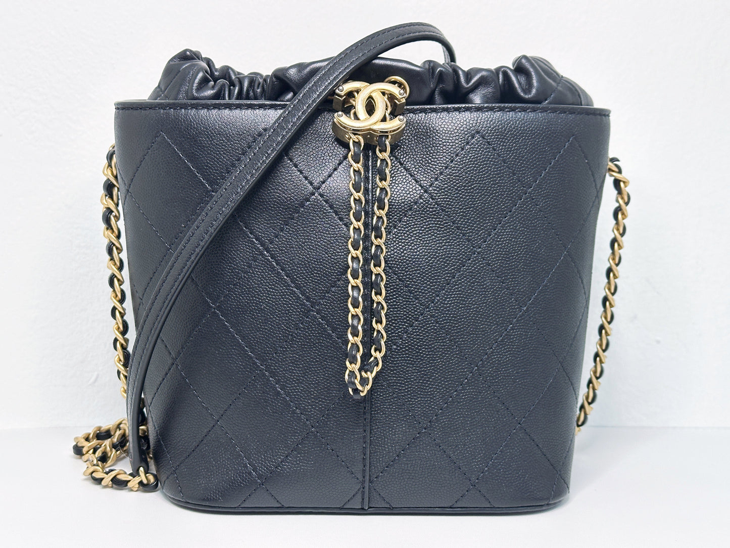 Chanel Drawstring Bucket Bag Quilted Black Caviar Aged Gold Hardware 3088 holo card
