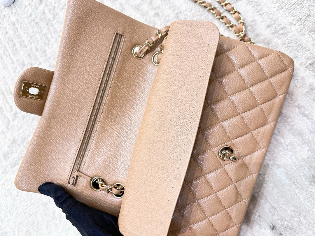 CHANEL Caviar Quilted Medium Double Flap Beige