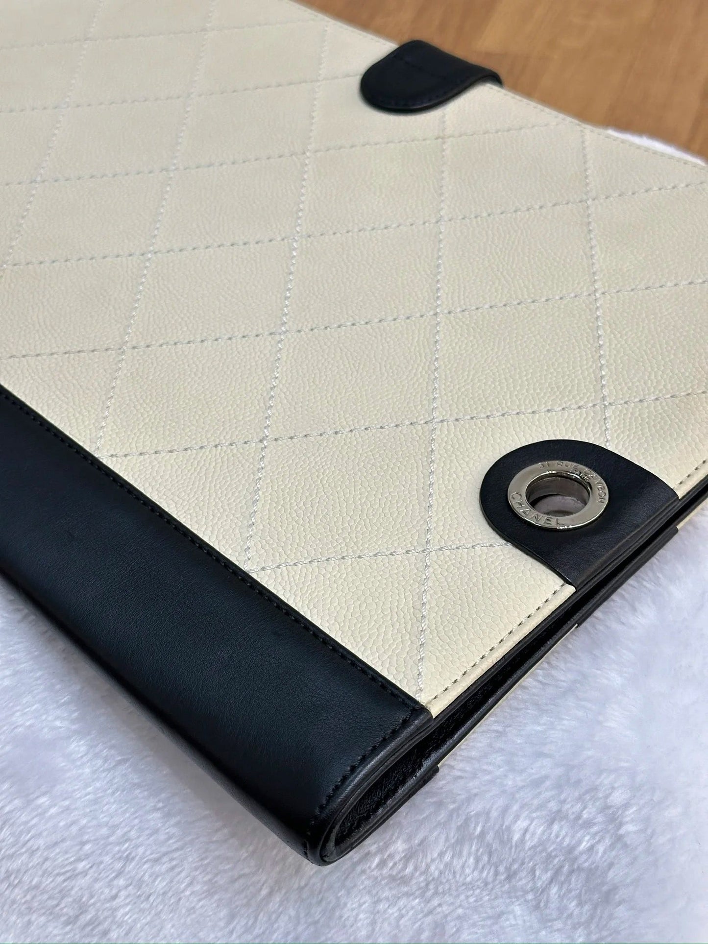 Chanel Medium Off White/Black Quilted Leather Drawing Portfolio Bag