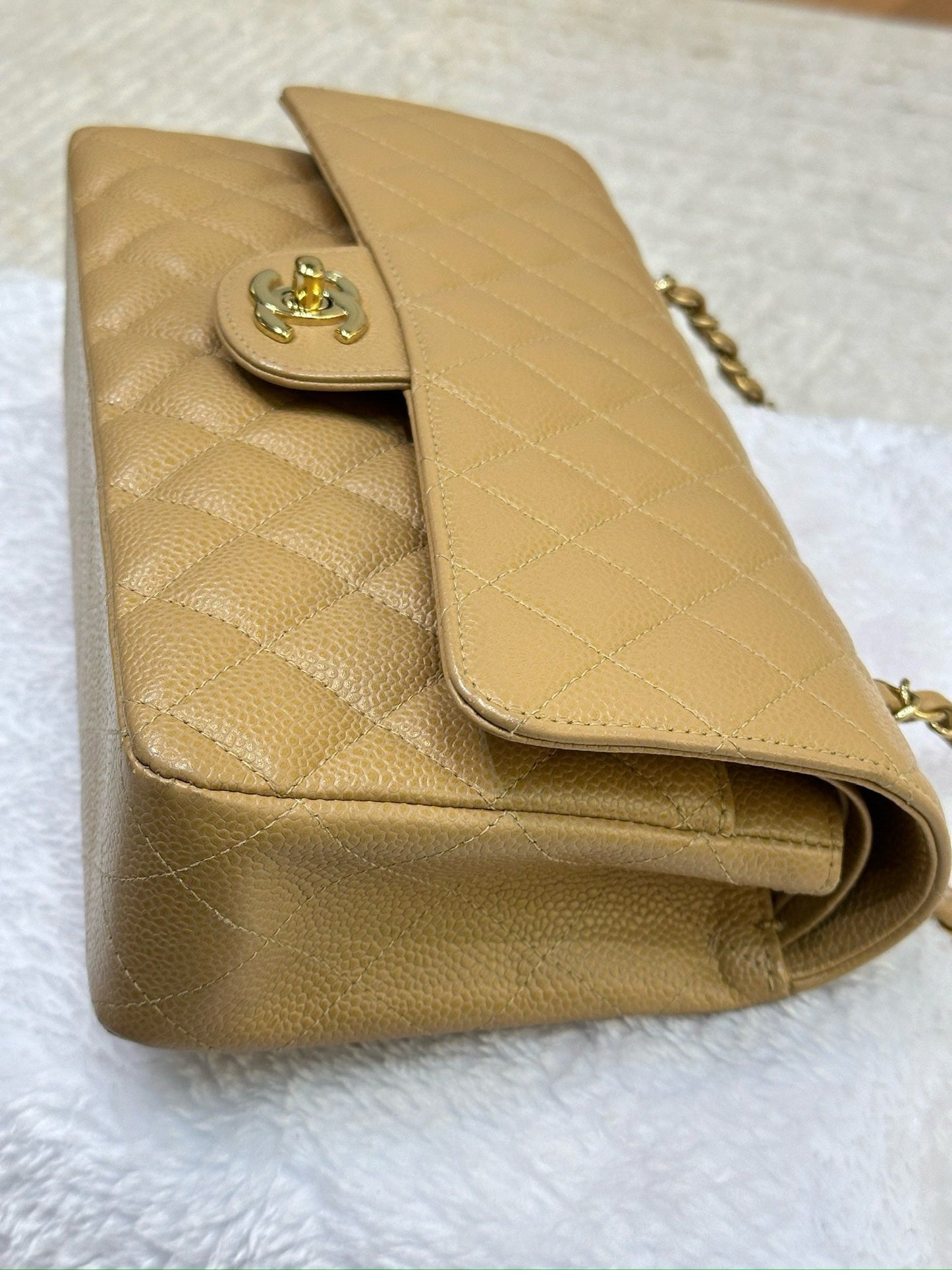Chanel Medium Caviar Quilted Double Flap Beige Bag 866 Holo