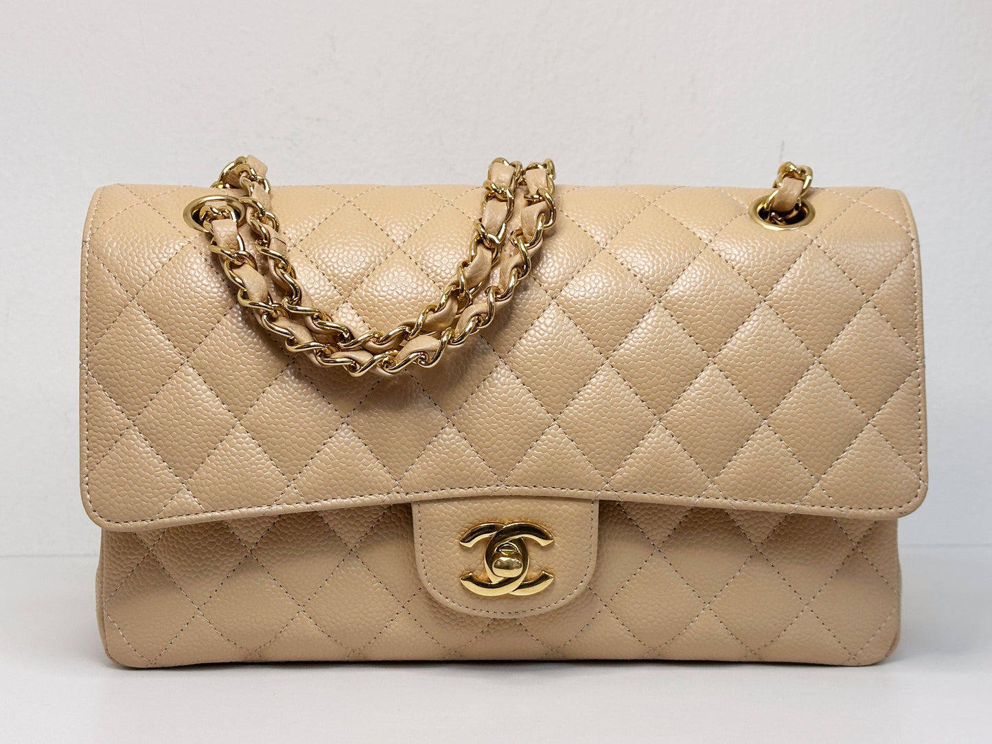 Chanel Medium Caviar Classic Double Flap Bag Beige 2552 holo card