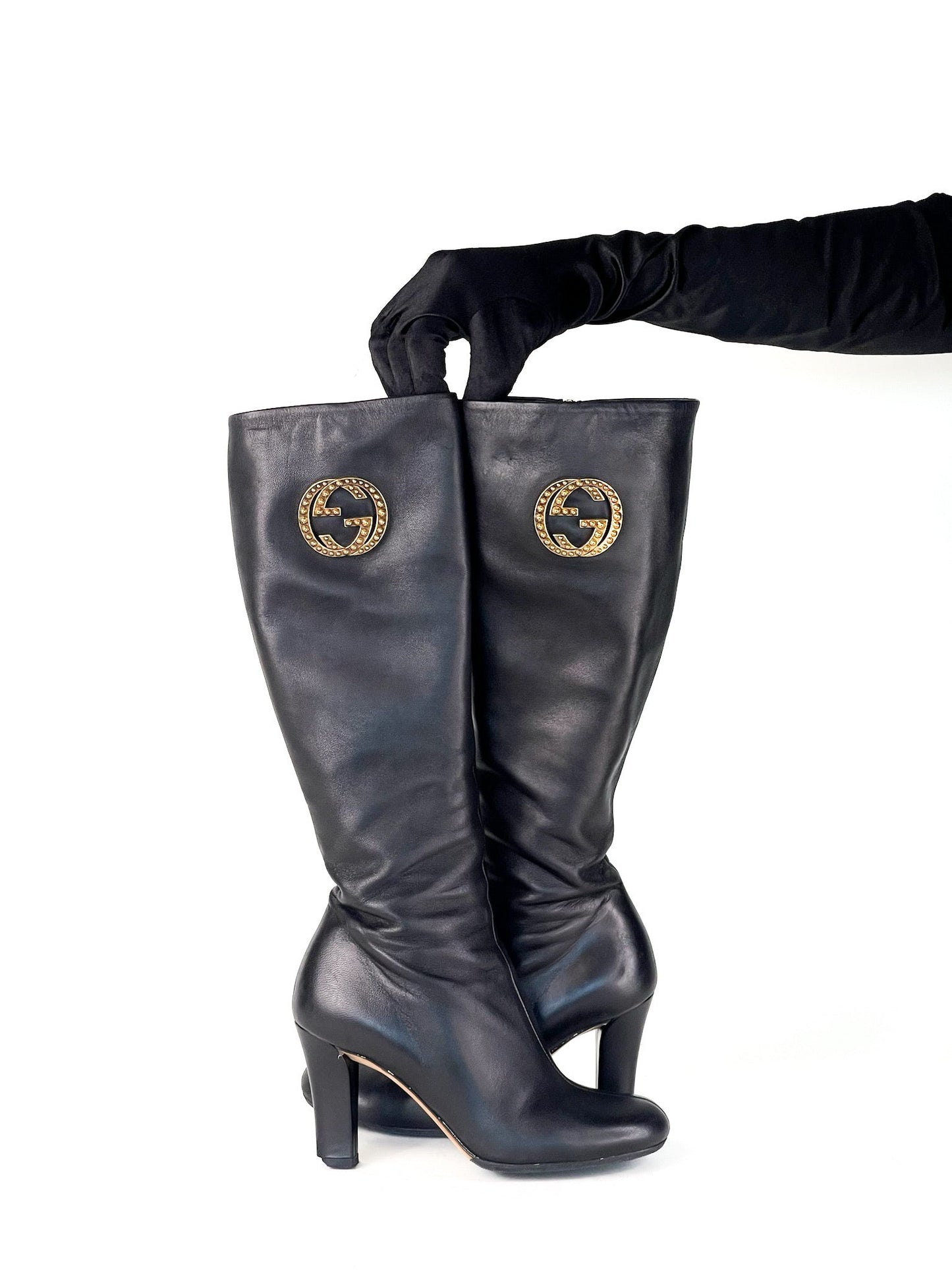 Gucci Black Leather Interlocking G Knee Length Boots Size 35