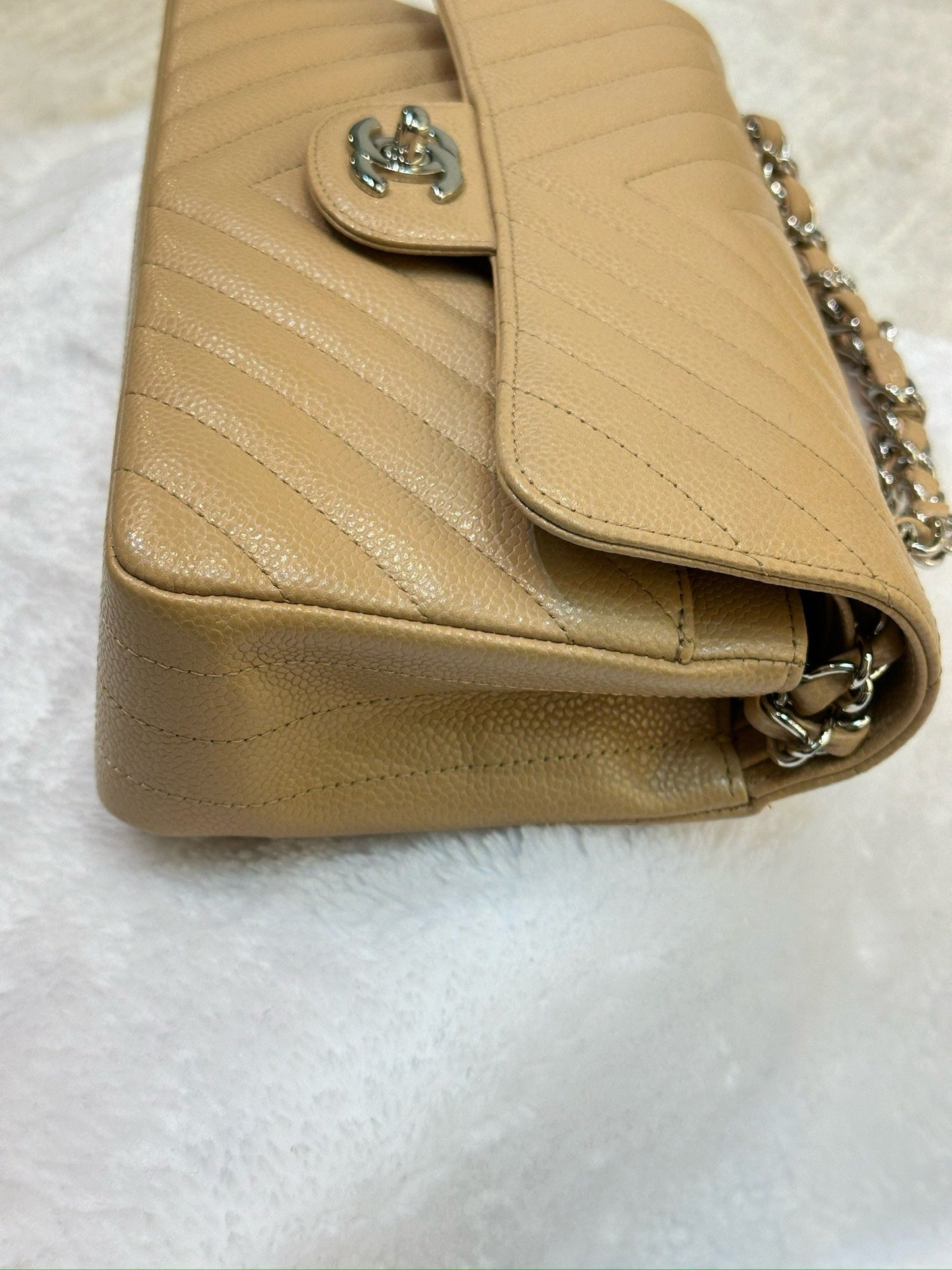Chanel Small Classic Chevron Calfskin Double Flap Dark Beige SHW 19S 27 Holo card