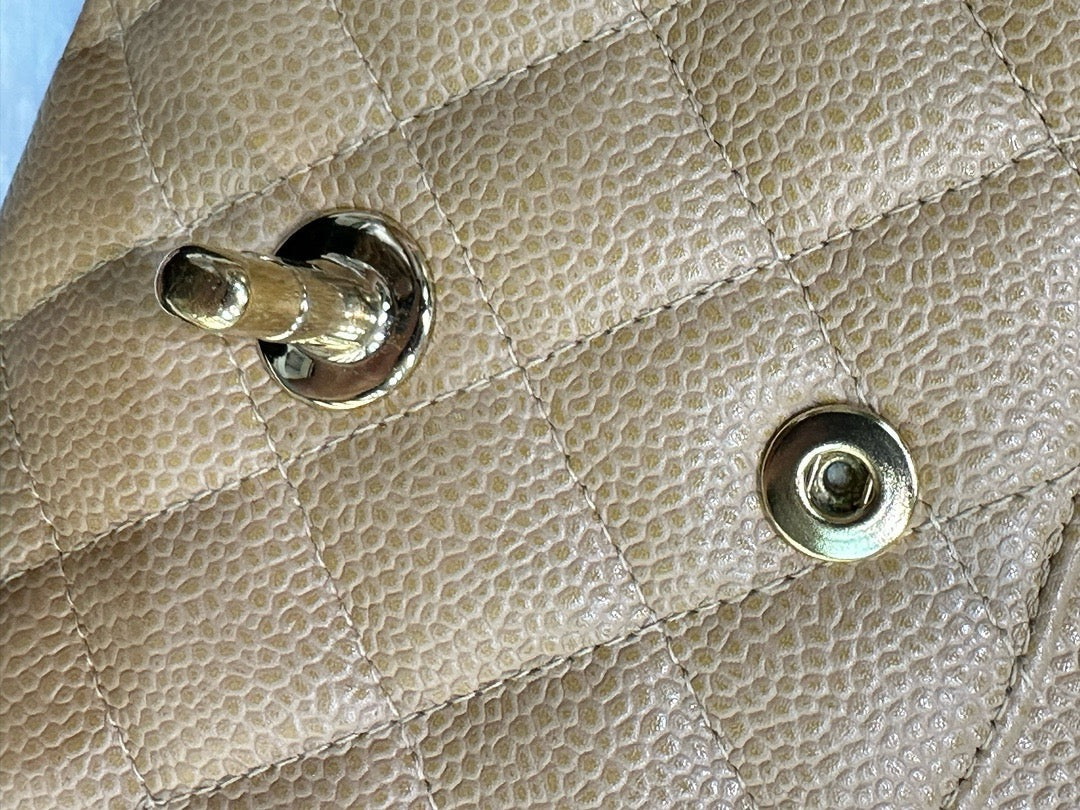 Chanel Medium Caviar Quilted Double Flap Beige Bag 866 Holo