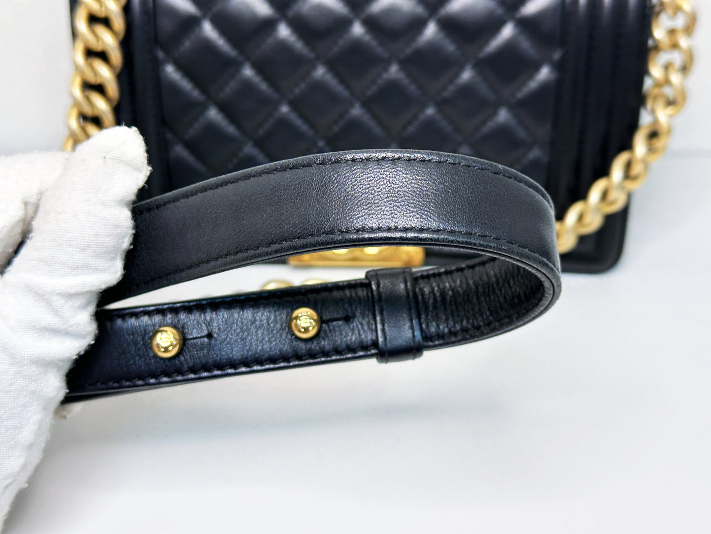 CHANEL SMALL BOY BAG CAVIAR BLACK GHW 2457 holo card