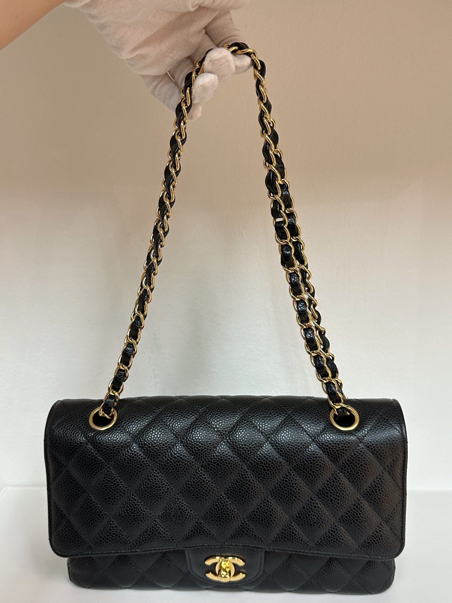 Chanel Medium Size Classic Quilted Caviar Double Flap Bag Black 3022 holo card