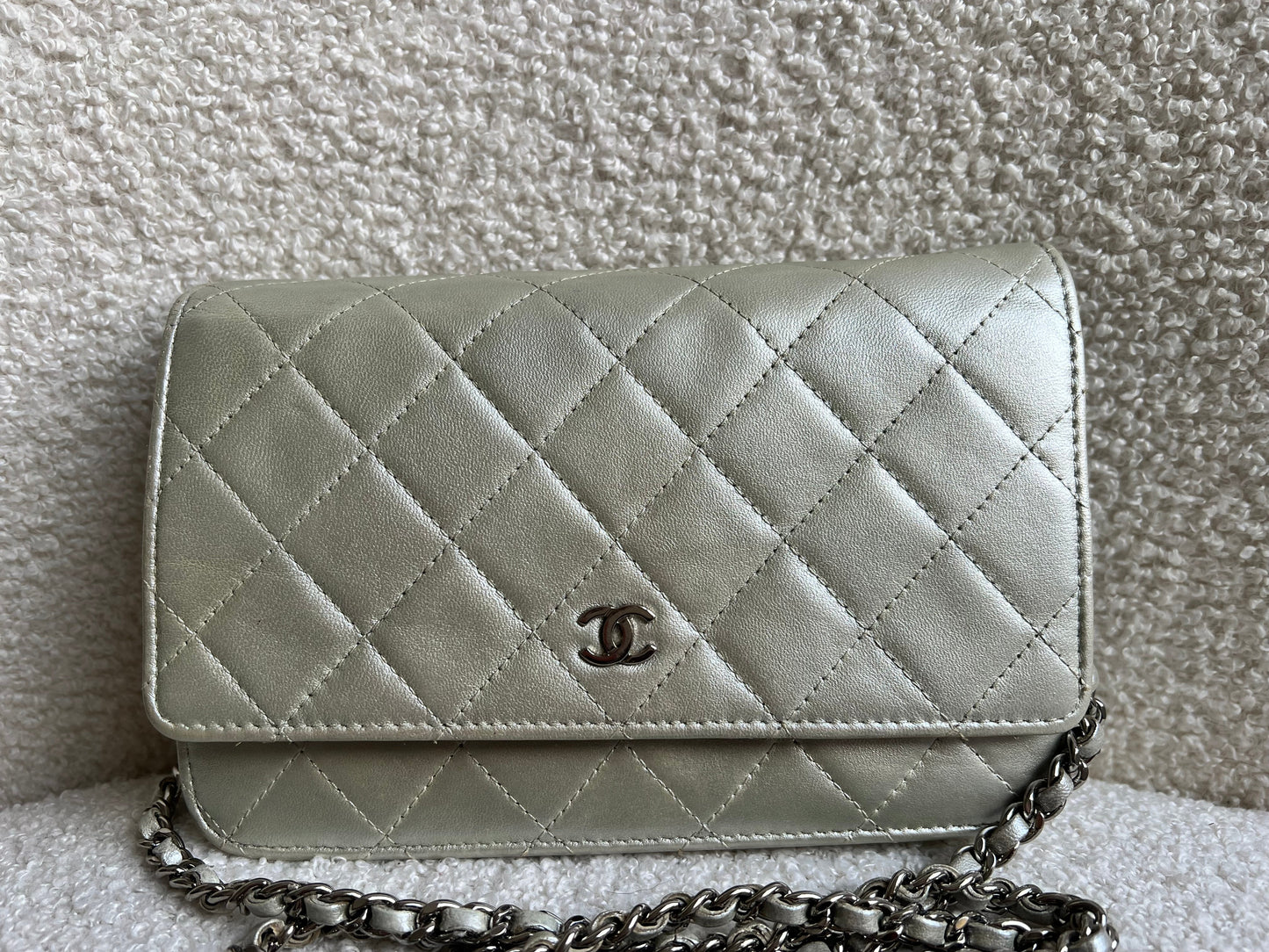 Chanel Silver Pearlescent Lambskin Wallet on Chain