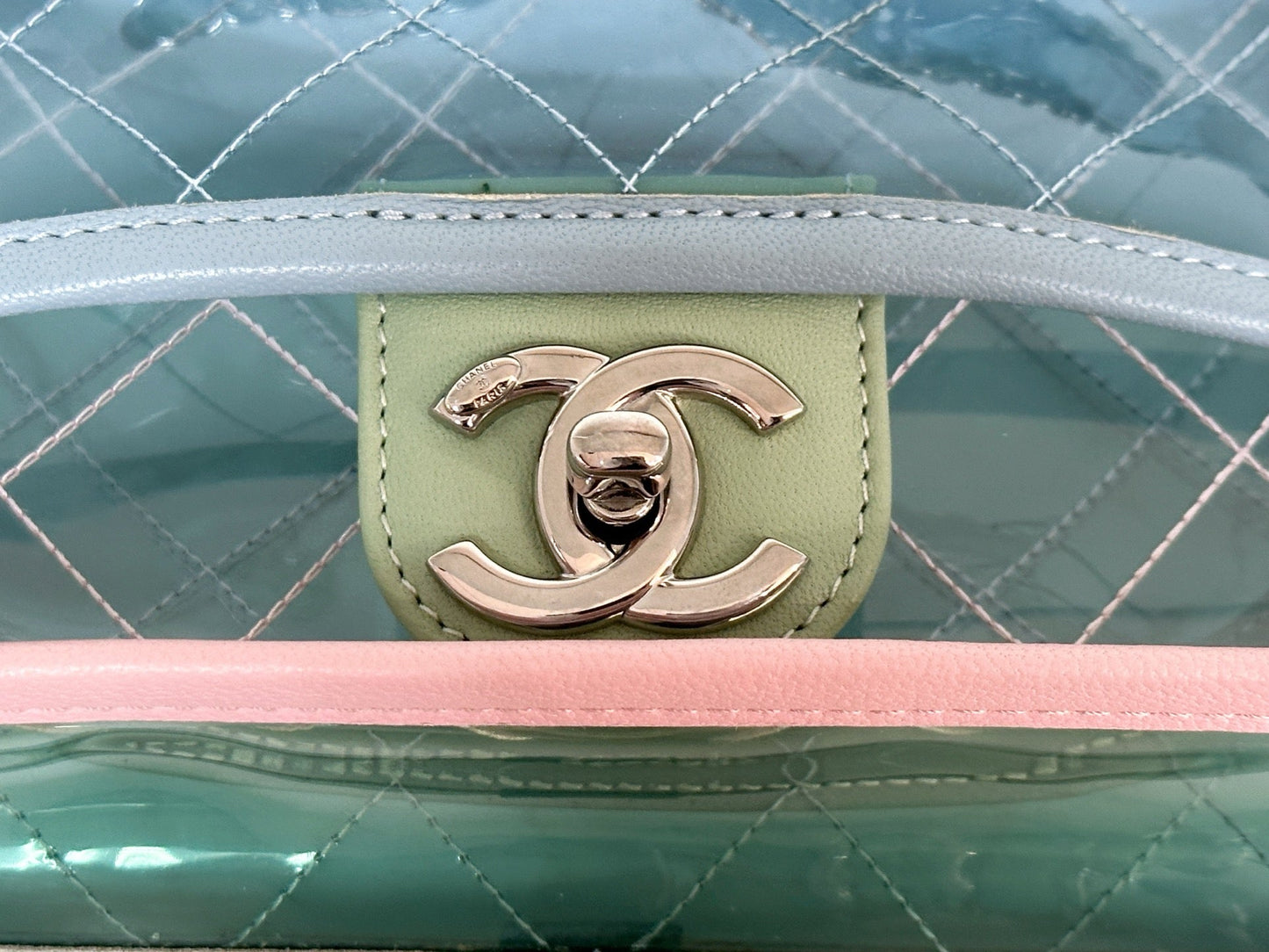 Chanel Coco Splash PVC Medium Flap Bag Pink/Blue/Green Holo card 2569
