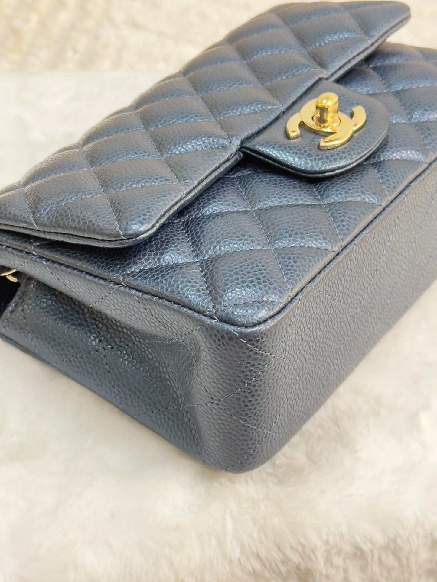 CHANEL Pearly Caviar Quilted Mini Rectangular Flap Navy Blue 18S