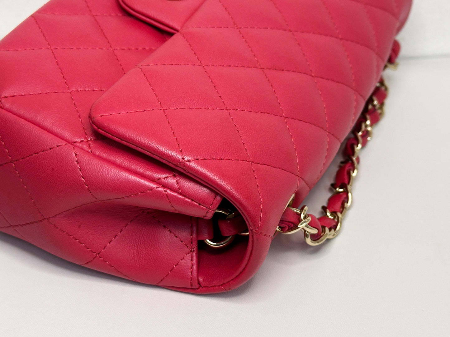 CHANEL Lambskin Quilted Mini Rectangular Flap Red 2491 holo card