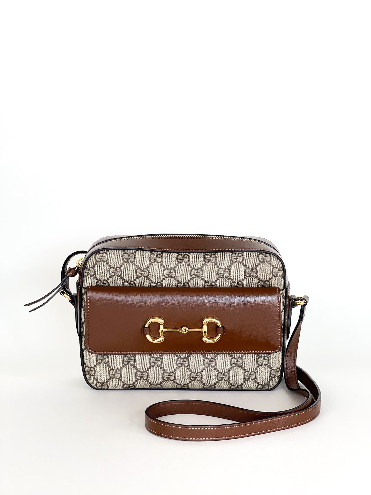 Gucci  Small Horsebit Beige/Brown GG Supreme Canvas and Leather Shoulder Bag