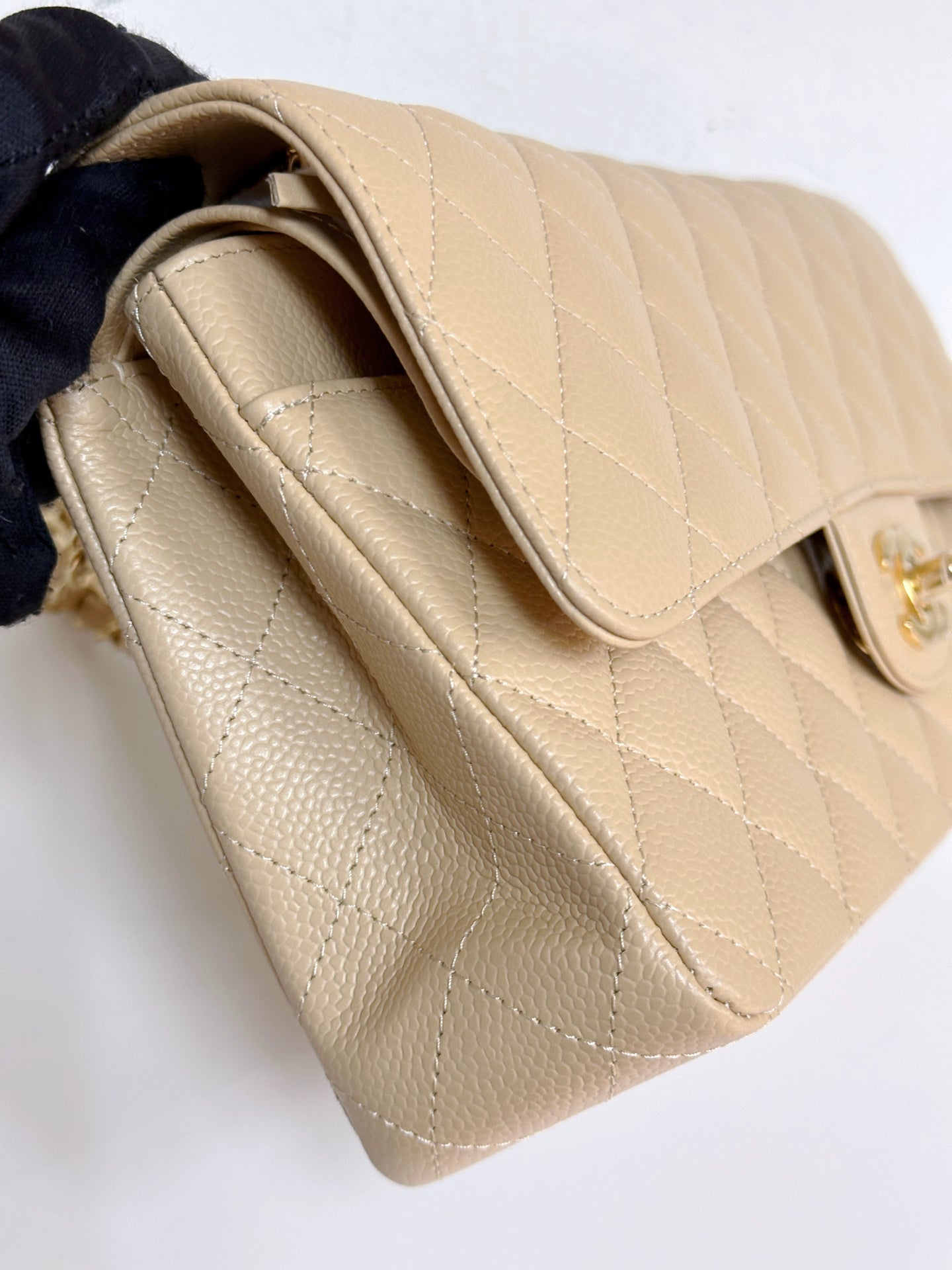 Chanel Medium Beige Classic Caviar Double Flap Bag GHW Microchip Singapore local Receipt