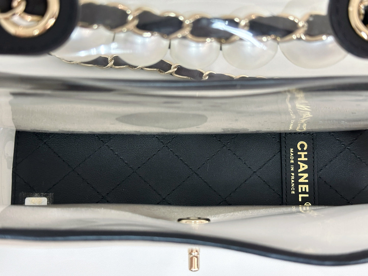 Chanel Medium Lambskin CoCo Sand PVC Sand By The Sea Flap With Pearl Strap Black 2745 holo card