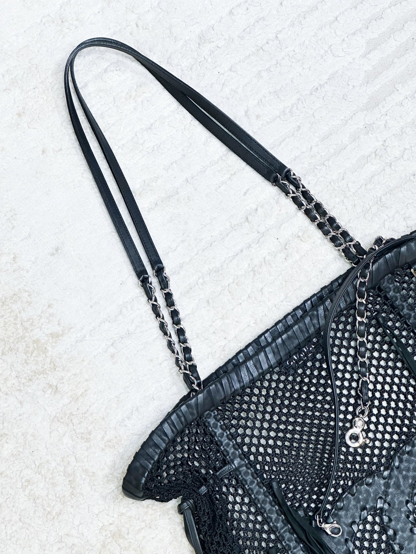 Chanel Limited Edition Resort 2011 Black Fringe Mesh Tote Bag 1373 holo card