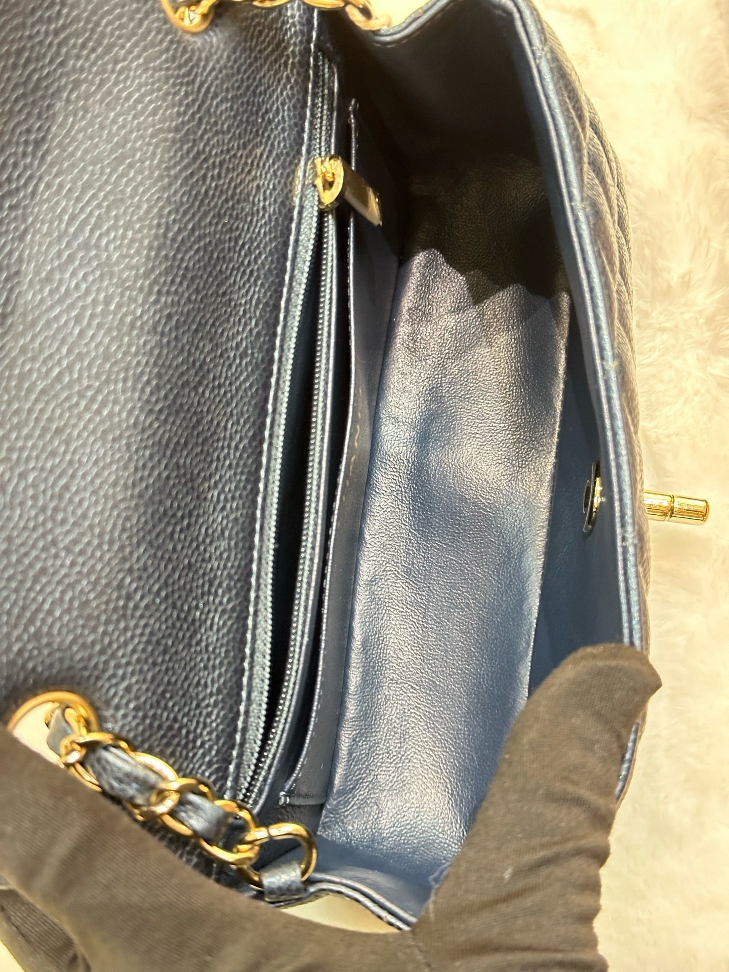CHANEL Pearly Caviar Quilted Mini Rectangular Flap Navy Blue 18S